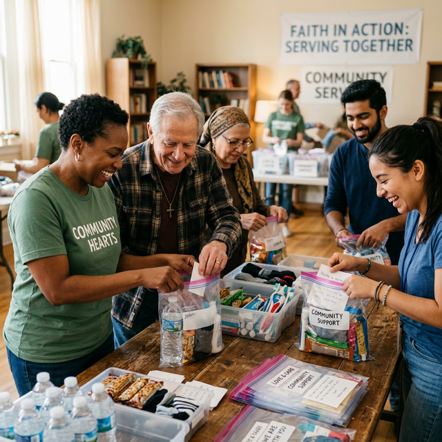Diverse volunteers packing care packages